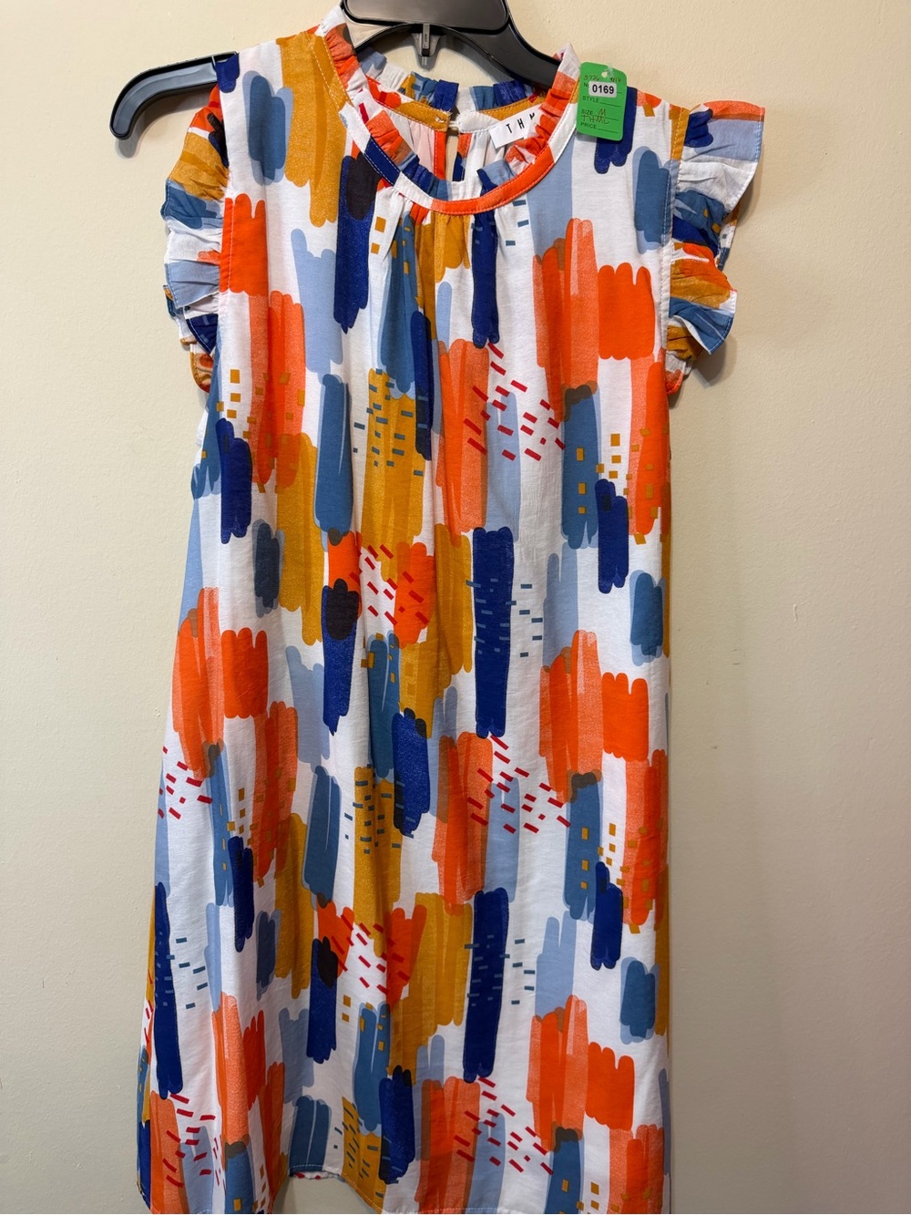 THML Pullover Shift Dress in Orange, Blue & Mustard Brushstroke Print